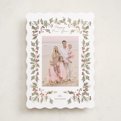 This is a snow foil pressed holiday cards with foil pressed by Rebecca Durflinger called sketched winter botanicals printing on recycled smooth signature in standard