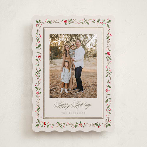 This is a cream foil pressed holiday cards with foil pressed by Erin L. Wilson called hawthorne printing on recycled smooth signature in standard