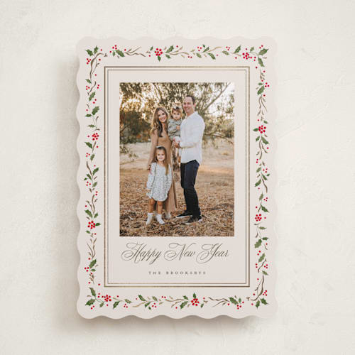 This is a cream foil pressed holiday cards with foil pressed by Erin L. Wilson called hawthorne printing on recycled smooth signature in standard