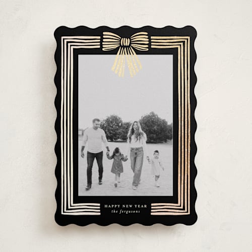 This is a midnight foil pressed holiday cards with foil pressed by Iveta Angelova called ribbon framed printing on recycled smooth signature in standard