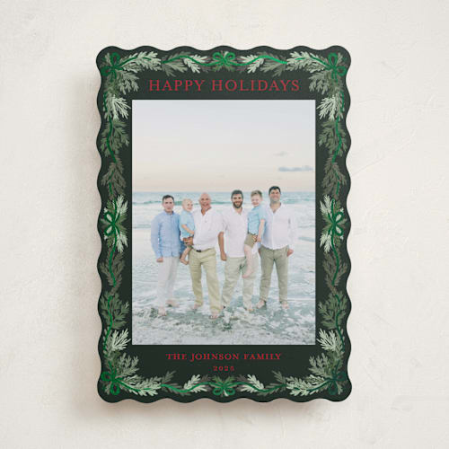 This is a evergreen foil pressed holiday cards with foil pressed by Angel Walker called traditional christmas printing on recycled smooth signature in standard