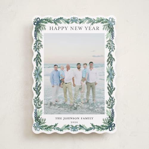 This is a frosty blue foil pressed holiday cards with foil pressed by Angel Walker called traditional christmas printing on recycled smooth signature in standard