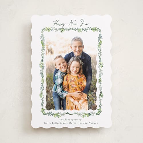 This is a wreath new year photo cards with standard by Petra Kern called scalloped greenery printing on recycled smooth signature in standard