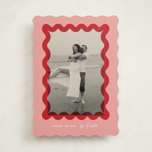This is a stocking new year photo cards with standard by Creo Study called squiggle overlay printing on recycled smooth signature in standard