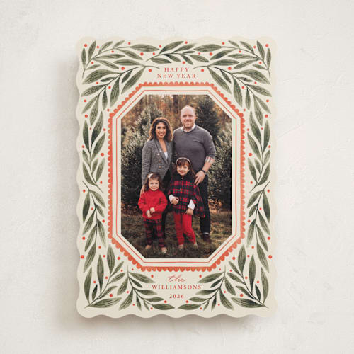 This is a wintergreen holiday photo cards with standard by Kristen Magee called botanical scallop frame printing on recycled smooth signature in standard
