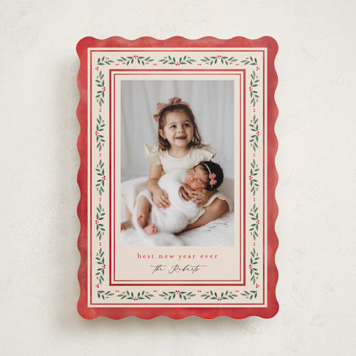This is a holly berry holiday photo cards with standard by Mansi Verma called floral folk printing on recycled smooth signature in standard