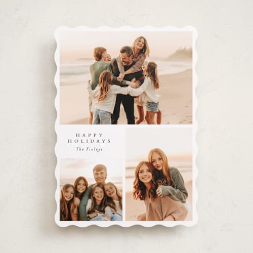 This is a snowflake holiday photo cards with standard by Angela Thompson called happy trio printing on recycled smooth signature in standard