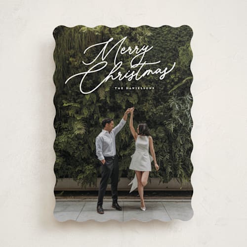This is a snowfall holiday photo cards with standard by Melanie Kosuge called merry monoline printing on recycled smooth signature in standard