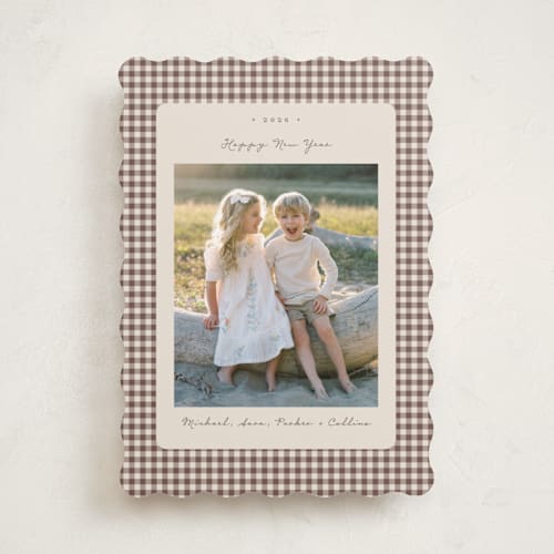 This is a gingerbread latte holiday photo cards with standard by Emily Betts called gingham vintage printing on recycled smooth signature in standard