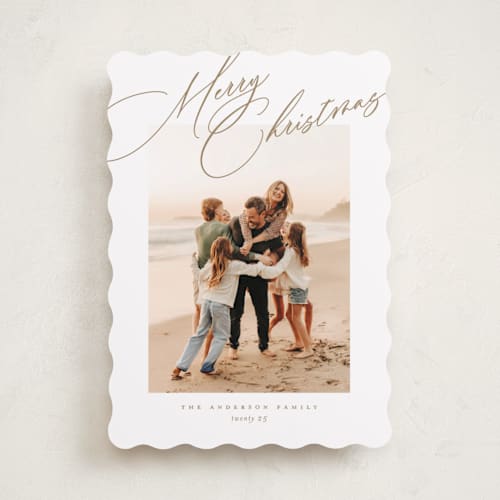 This is a golden holiday photo cards with standard by Jessica Williams called topper printing on recycled smooth signature in standard