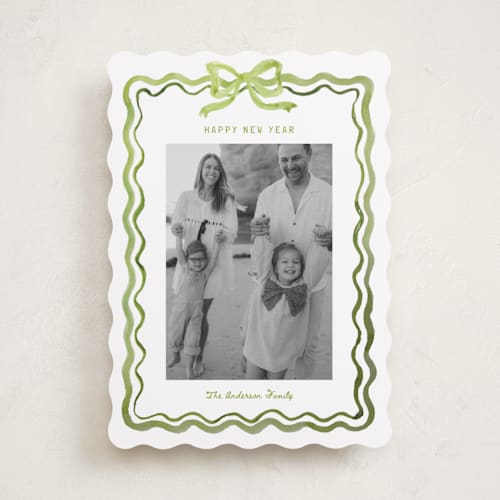 This is a sage holiday photo cards with standard by Cass Loh called watercolor ribbon frame printing on recycled smooth signature in standard