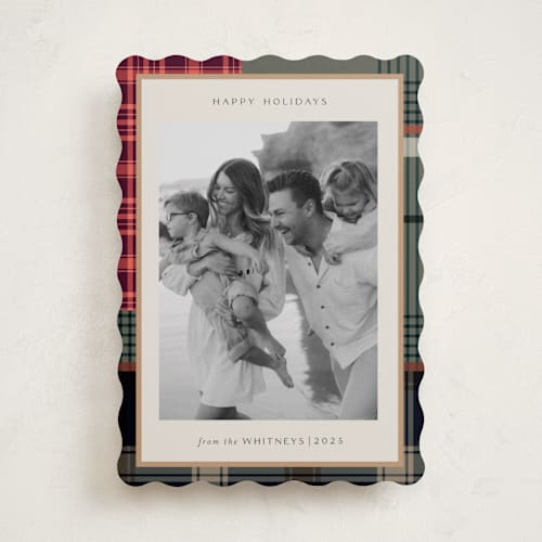 This is a rustic holiday photo cards with standard by Makewells called antiqued plaid printing on recycled smooth signature in standard