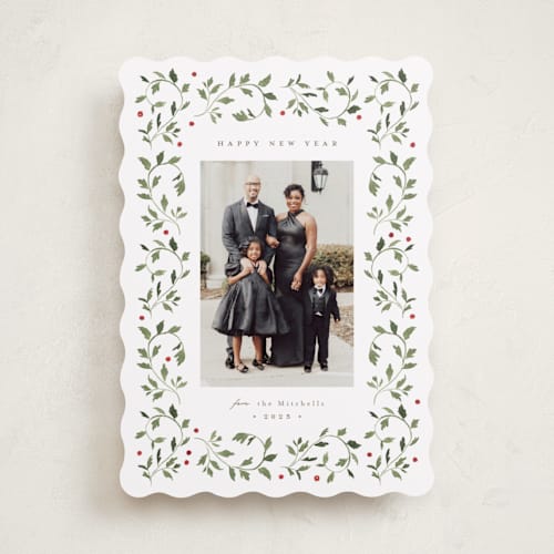 This is a pine needle holiday photo cards with standard by Everett Paper Goods called holly framed printing on recycled smooth signature in standard