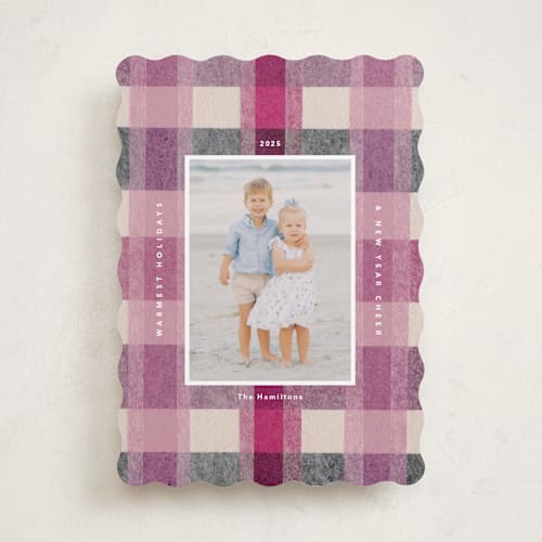 This is a raspberry holiday photo cards with standard by Carrie Moradi called cozy checked plaid printing on recycled smooth signature in standard