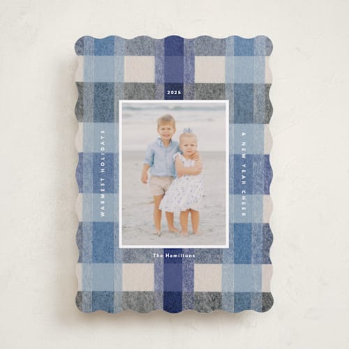 This is a blueberry holiday photo cards with standard by Carrie Moradi called cozy checked plaid printing on recycled smooth signature in standard