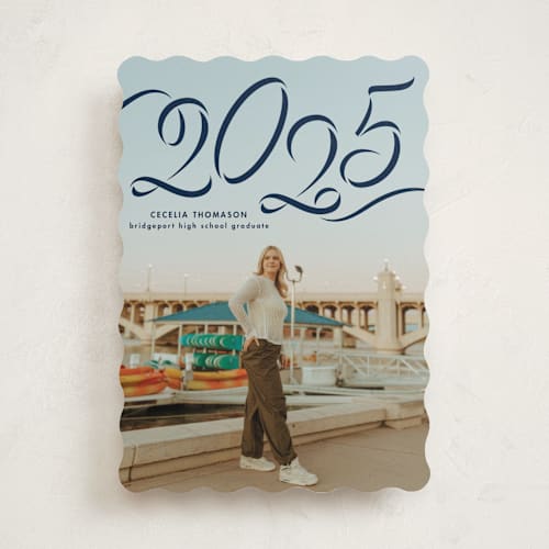 This is a denim graduation announcements with standard by Lea Delaveris called ribbon printing on recycled smooth signature in standard