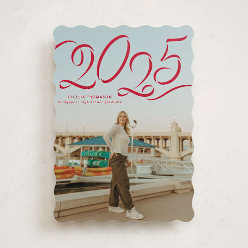 This is a crimson graduation announcements with standard by Lea Delaveris called ribbon printing on recycled smooth signature in standard
