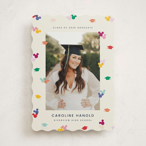 This is a multi graduation announcements with standard by Ellen Schlegelmilch called disney's mickey confetti printing on recycled smooth signature in standard