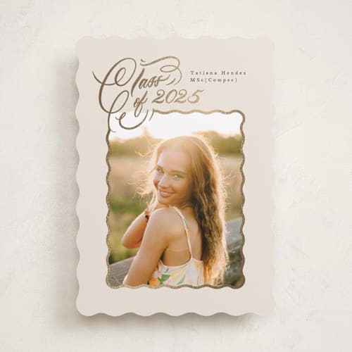 This is a vanilla graduation announcements with foil pressed by Phrosné Barwood called gilded wave frame printing on recycled smooth signature in standard