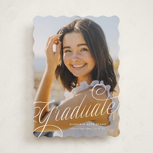 This is a cotton graduation announcements with standard by Carmia Jordaan called swooping printing on recycled smooth signature in standard