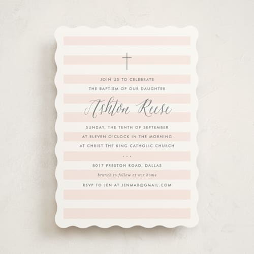 This is a blush baptism and christening announcements with standard by Lauren Chism called sleek printing on signature in standard