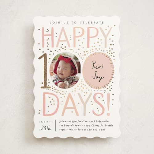 This is a blush foil stamped baby shower invitations with foil pressed by Alethea and Ruth called 100 days printing on signature in standard