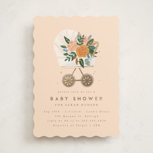 This is a blush foil stamped baby shower invitations with foil pressed by Corie Page called floral pram printing on signature in standard