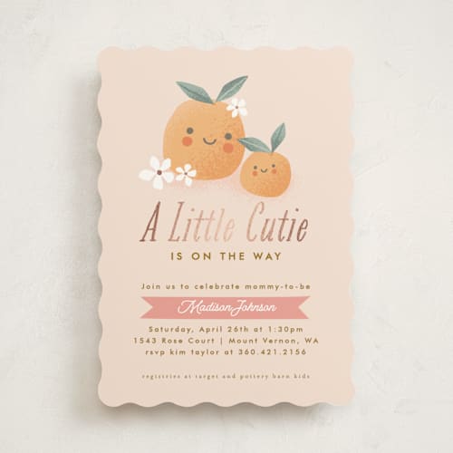 This is a peach foil stamped baby shower invitations with foil pressed by Karidy Walker called little cutie oranges printing on signature in standard