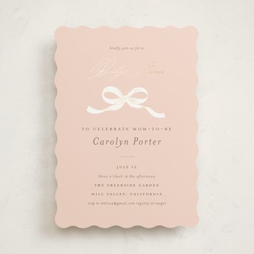 This is a blush foil stamped baby shower invitations with foil pressed by Paper Raven Co. called sweetheart printing on signature in standard
