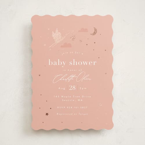 This is a rose foil stamped baby shower invitations with foil pressed by Hudson meet Rose called special delivery printing on signature in standard