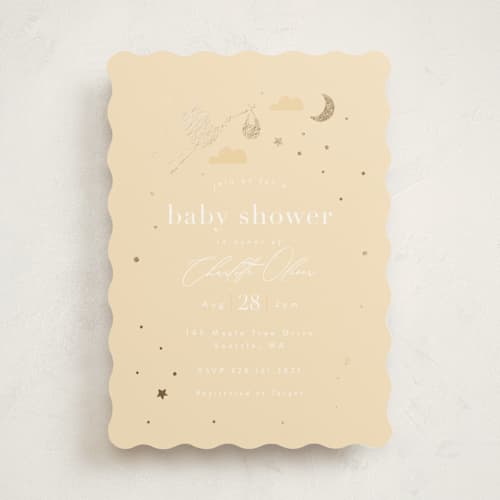 This is a sunshine foil stamped baby shower invitations with foil pressed by Hudson meet Rose called special delivery printing on signature in standard
