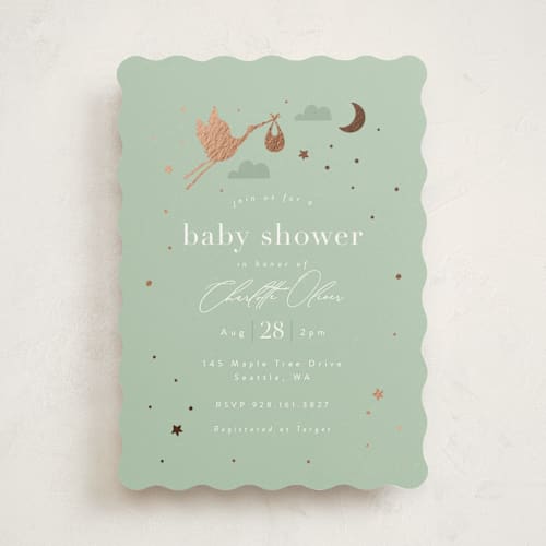 This is a mint foil stamped baby shower invitations with foil pressed by Hudson meet Rose called special delivery printing on signature in standard