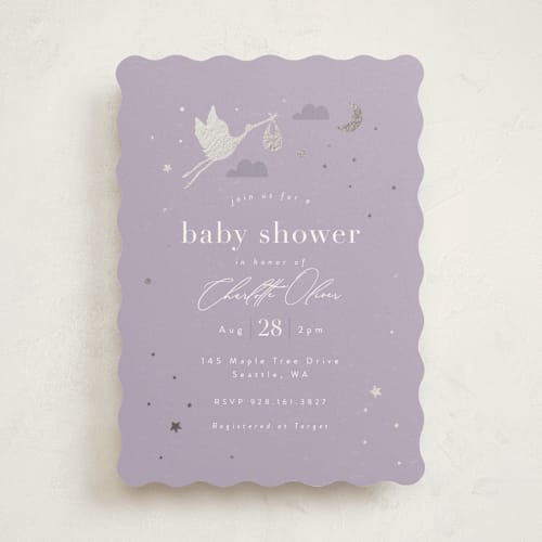 This is a lilac foil stamped baby shower invitations with foil pressed by Hudson meet Rose called special delivery printing on signature in standard