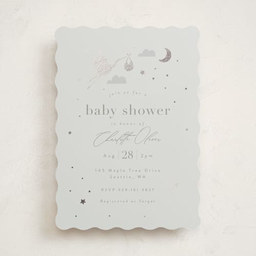 This is a moon foil stamped baby shower invitations with foil pressed by Hudson meet Rose called special delivery printing on signature in standard