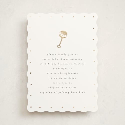 This is a cotton foil stamped baby shower invitations with foil pressed by Stacy Maalouf called foil rattle printing on signature in standard