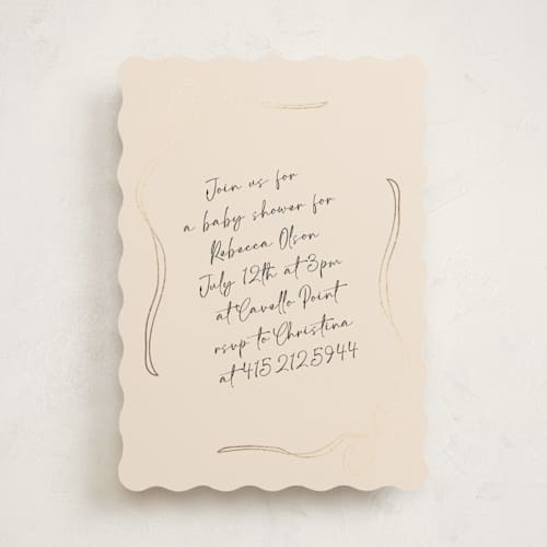 This is a linen foil stamped baby shower invitations with foil pressed by Joyce Pinheiro called tied with love printing on signature in standard