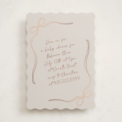 This is a champagne foil stamped baby shower invitations with foil pressed by Joyce Pinheiro called tied with love printing on signature in standard