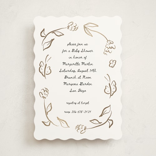 This is a cloud foil stamped baby shower invitations with foil pressed by Ani Somi called golden flowers printing on signature in standard