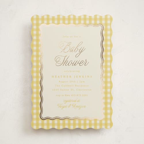 This is a lemonade foil stamped baby shower invitations with foil pressed by Brianne Larsen called scalloped gingham printing on signature in standard
