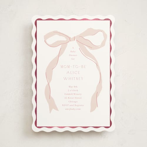 This is a blush foil stamped baby shower invitations with foil pressed by Baumbirdy called fframed bow printing on signature in standard