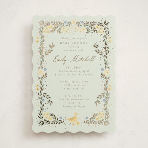 This is a moss foil stamped baby shower invitations with foil pressed by frau brandt called cottage life printing on signature in standard