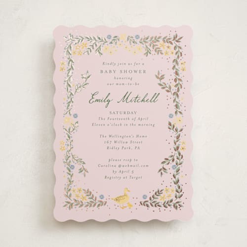 This is a blush foil stamped baby shower invitations with foil pressed by frau brandt called cottage life printing on signature in standard