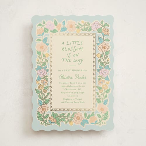 This is a sky foil stamped baby shower invitations with foil pressed by Creo Study called vintage blossom printing on signature in standard
