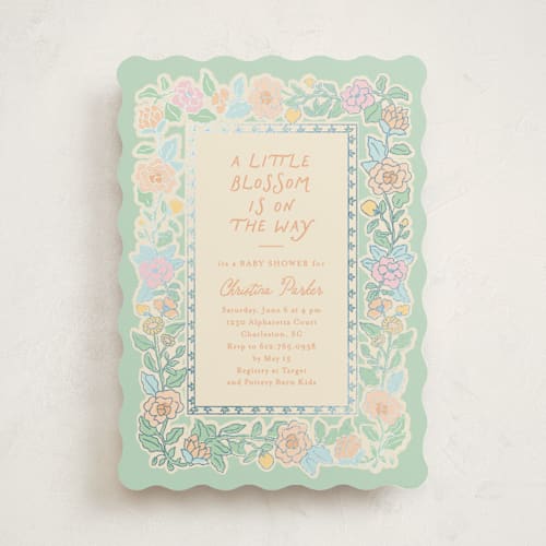 This is a garden foil stamped baby shower invitations with foil pressed by Creo Study called vintage blossom printing on signature in standard