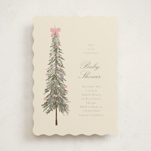 This is a peony foil stamped baby shower invitations with foil pressed by Baumbirdy called holiday bow printing on signature in standard