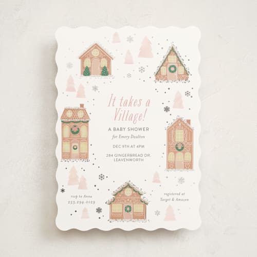 This is a blush foil stamped baby shower invitations with foil pressed by Itsy Belle Studio called gingerbread village printing on signature in standard