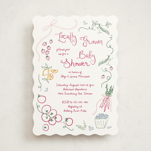 This is a raspberry baby shower invitations with standard by Jenna Holcomb called locally grown sketch printing on signature in standard