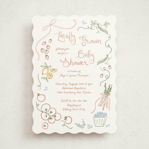 This is a apricot baby shower invitations with standard by Jenna Holcomb called locally grown sketch printing on signature in standard