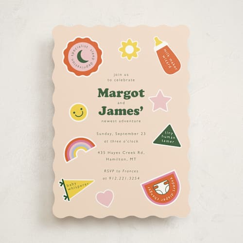 This is a sunshine baby shower invitations with standard by Hudson meet Rose called scout badges printing on signature in standard