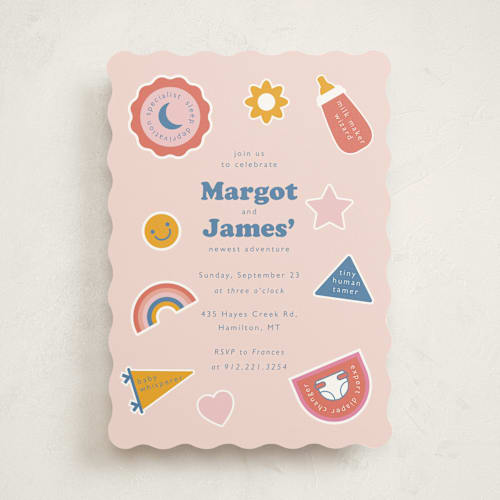 This is a candy baby shower invitations with standard by Hudson meet Rose called scout badges printing on signature in standard